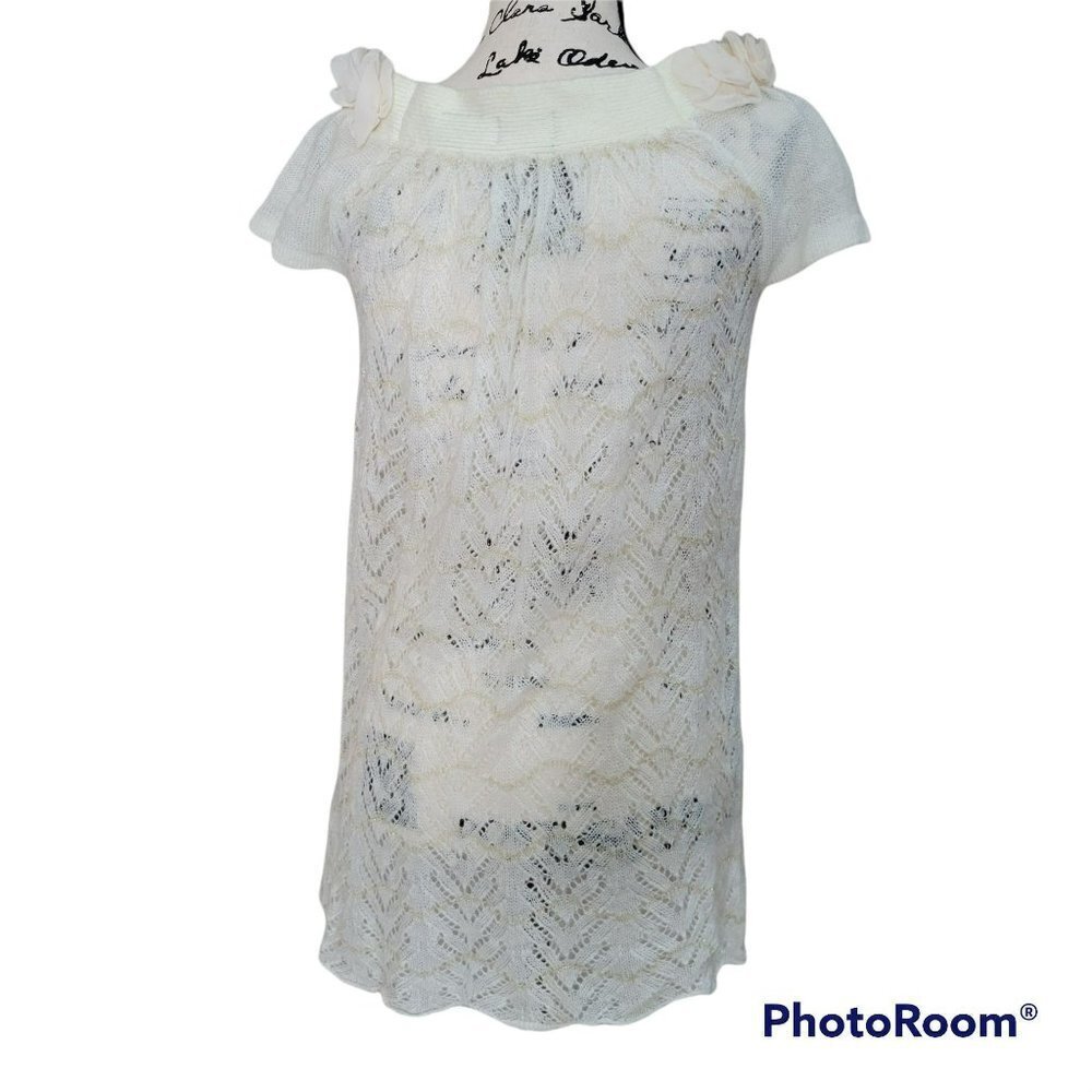 Kersh Ivory Boat Neck Crochet-ish Flared Hem Tunic Top - Size Medium